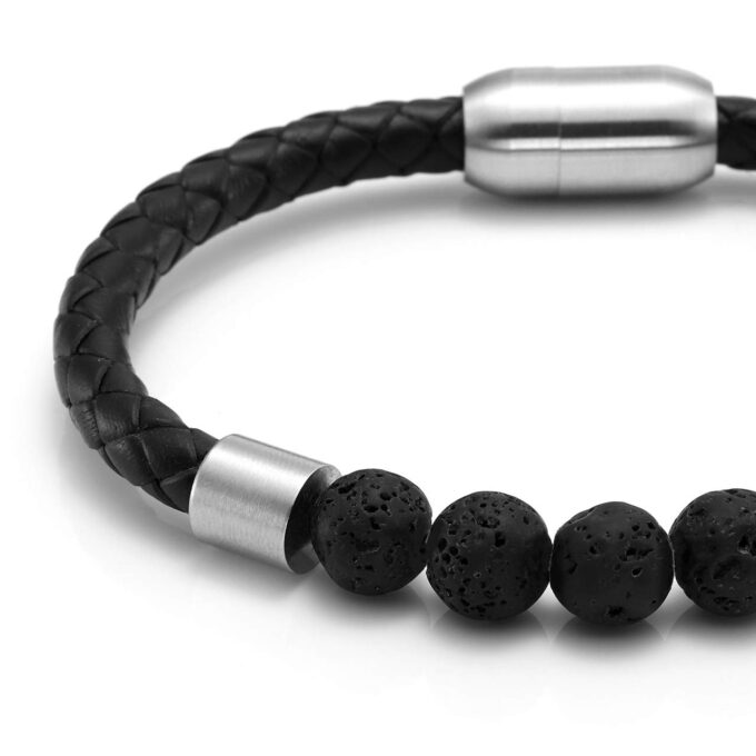 Silver Stainless Steel Magnetic Clasp Lava Stone Genuine Leather Anxiety Bracelets - Image 2