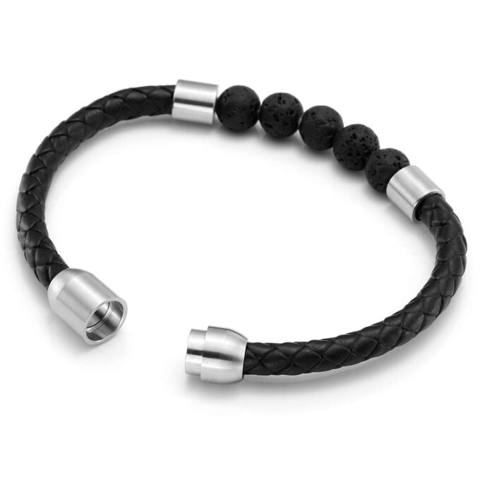 Silver Stainless Steel Magnetic Clasp Lava Stone Genuine Leather Anxiety Bracelets - Image 3