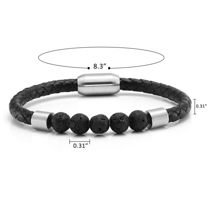 Silver Stainless Steel Magnetic Clasp Lava Stone Genuine Leather Anxiety Bracelets - Image 4
