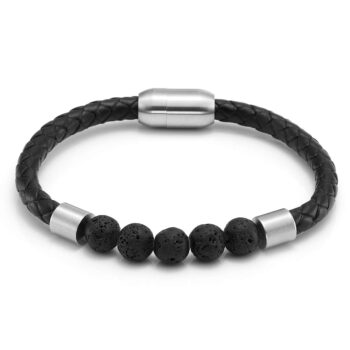 Silver Stainless Steel Magnetic Clasp Lava Stone Genuine Leather Anxiety Bracelets
