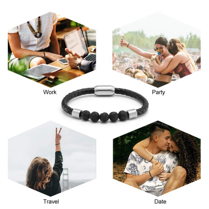 Silver Stainless Steel Magnetic Clasp Lava Stone Genuine Leather Anxiety Bracelets - Image 5