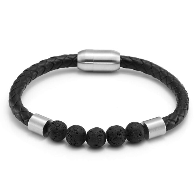 Silver Stainless Steel Magnetic Clasp Lava Stone Genuine Leather Anxiety Bracelets