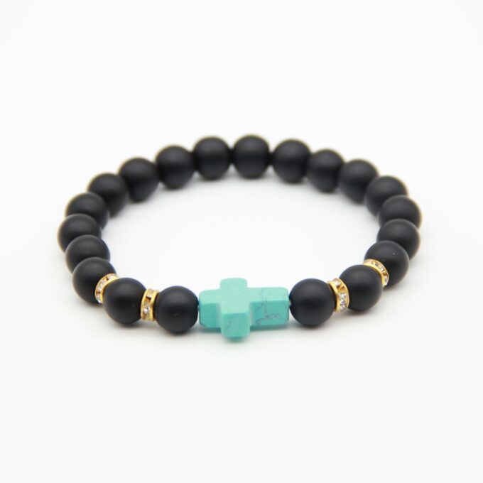 Black Onyx Gemstone Turquoise Cross Anxiety Bracelet - Image 2