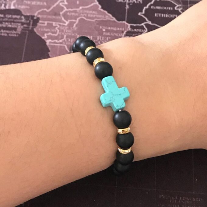 Black Onyx Gemstone Turquoise Cross Anxiety Bracelet - Image 3