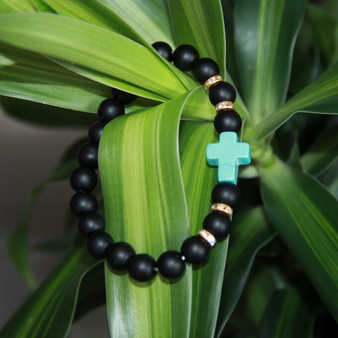Black Onyx Gemstone Turquoise Cross Anxiety Bracelet - Image 4