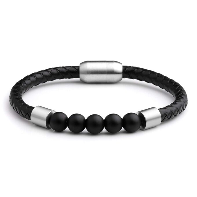 Magnetic Clasp Black Onyx Genuine Leather Diffuser Anxiety Bracelets