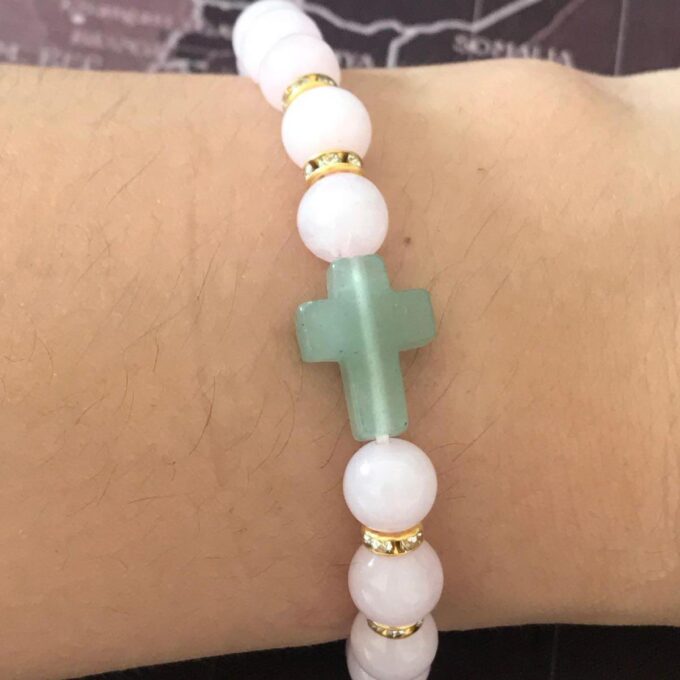 Pink Crystal Gemstone Cross Anxiety Bracelet - Image 3