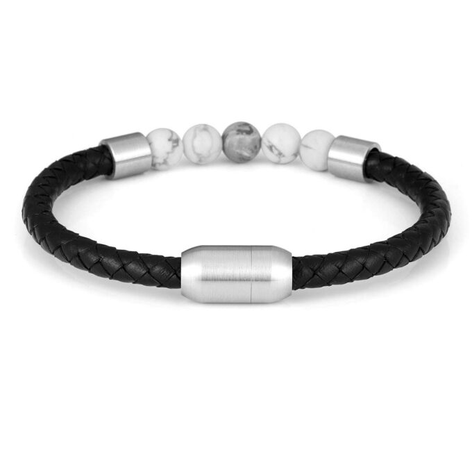 Silver Stainless Steel Magnetic Clasp White Howlite Genuine Leather Anxiety Bracelets - Image 2