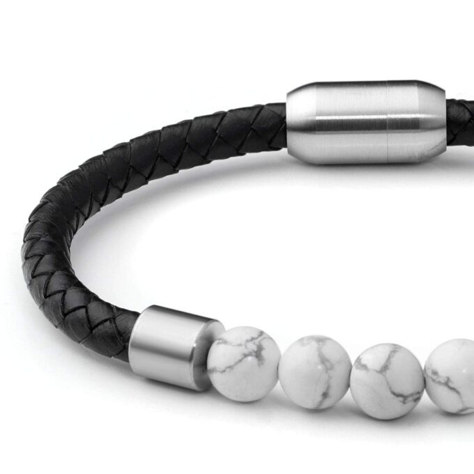 Silver Stainless Steel Magnetic Clasp White Howlite Genuine Leather Anxiety Bracelets - Image 3