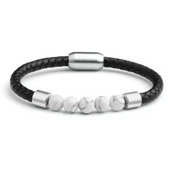 Silver Stainless Steel Magnetic Clasp White Howlite Genuine Leather Anxiety Bracelets