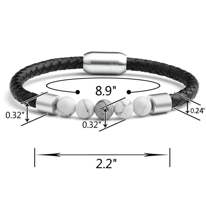 Silver Stainless Steel Magnetic Clasp White Howlite Genuine Leather Anxiety Bracelets - Image 5