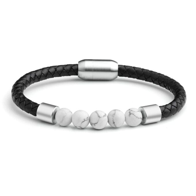 Silver Stainless Steel Magnetic Clasp White Howlite Genuine Leather Anxiety Bracelets