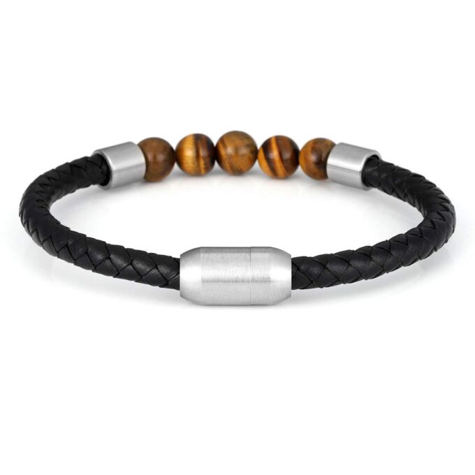 Silver Titanium Steel Magnetic Clasp Tiger Eye Genuine Leather Rope Anxiety Bracelets - Image 2
