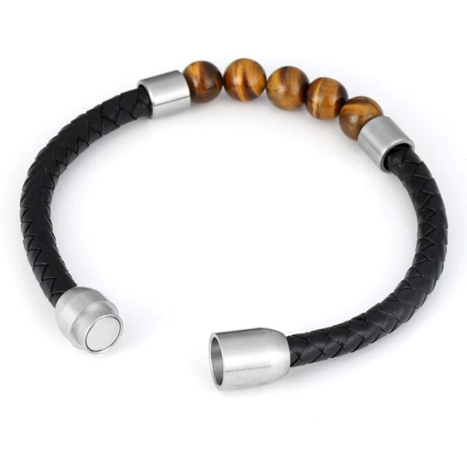 Silver Titanium Steel Magnetic Clasp Tiger Eye Genuine Leather Rope Anxiety Bracelets - Image 3
