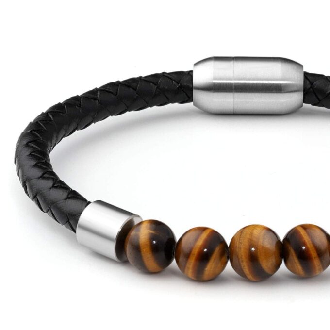 Silver Titanium Steel Magnetic Clasp Tiger Eye Genuine Leather Rope Anxiety Bracelets - Image 4