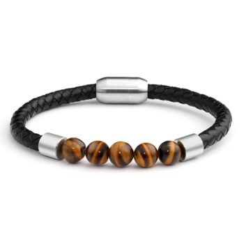 Silver Titanium Steel Magnetic Clasp Tiger Eye Genuine Leather Rope Anxiety Bracelets