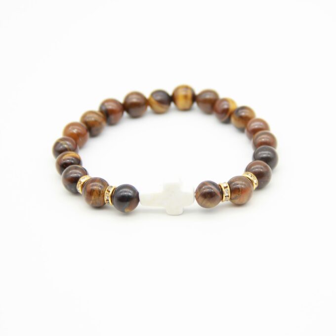 Tiger Eye Gemstone / White Howlite Cross Anxiety Bracelet - Image 2
