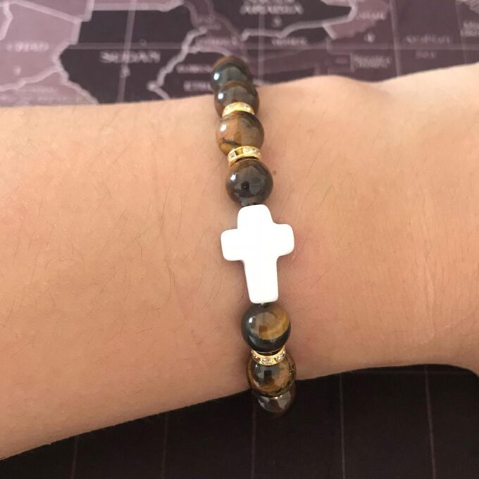 Tiger Eye Gemstone / White Howlite Cross Anxiety Bracelet - Image 3