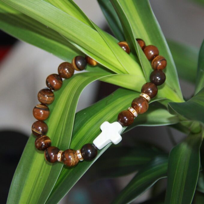 Tiger Eye Gemstone / White Howlite Cross Anxiety Bracelet - Image 4