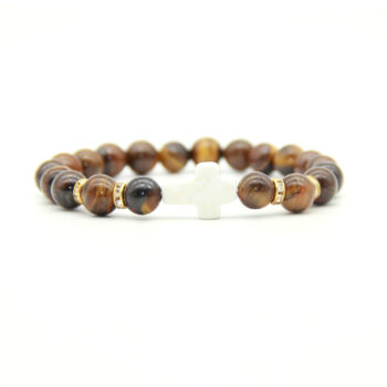 Tiger Eye Gemstone / White Howlite Cross Anxiety Bracelet